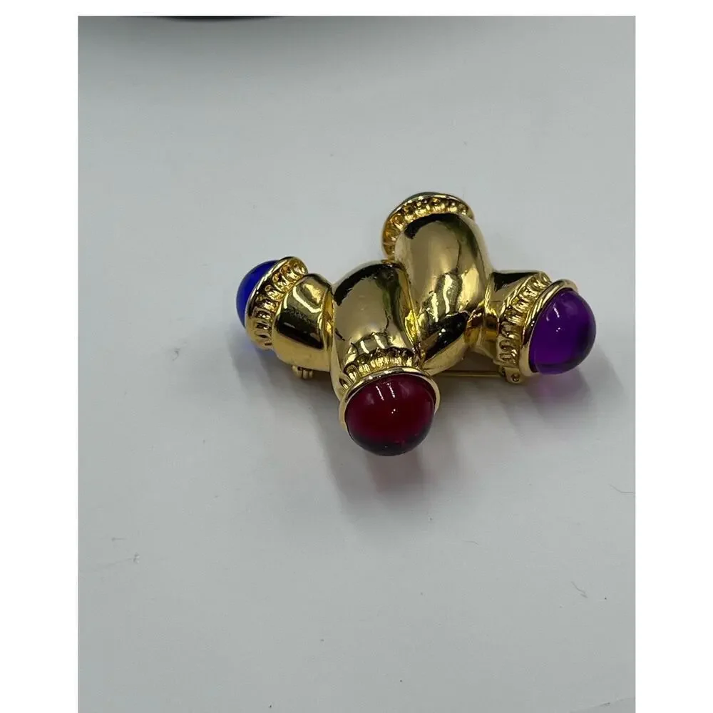 IVANA Signed Vintage Gold W/ Multicolored Cabochons Gripoix Style‎ Brooch